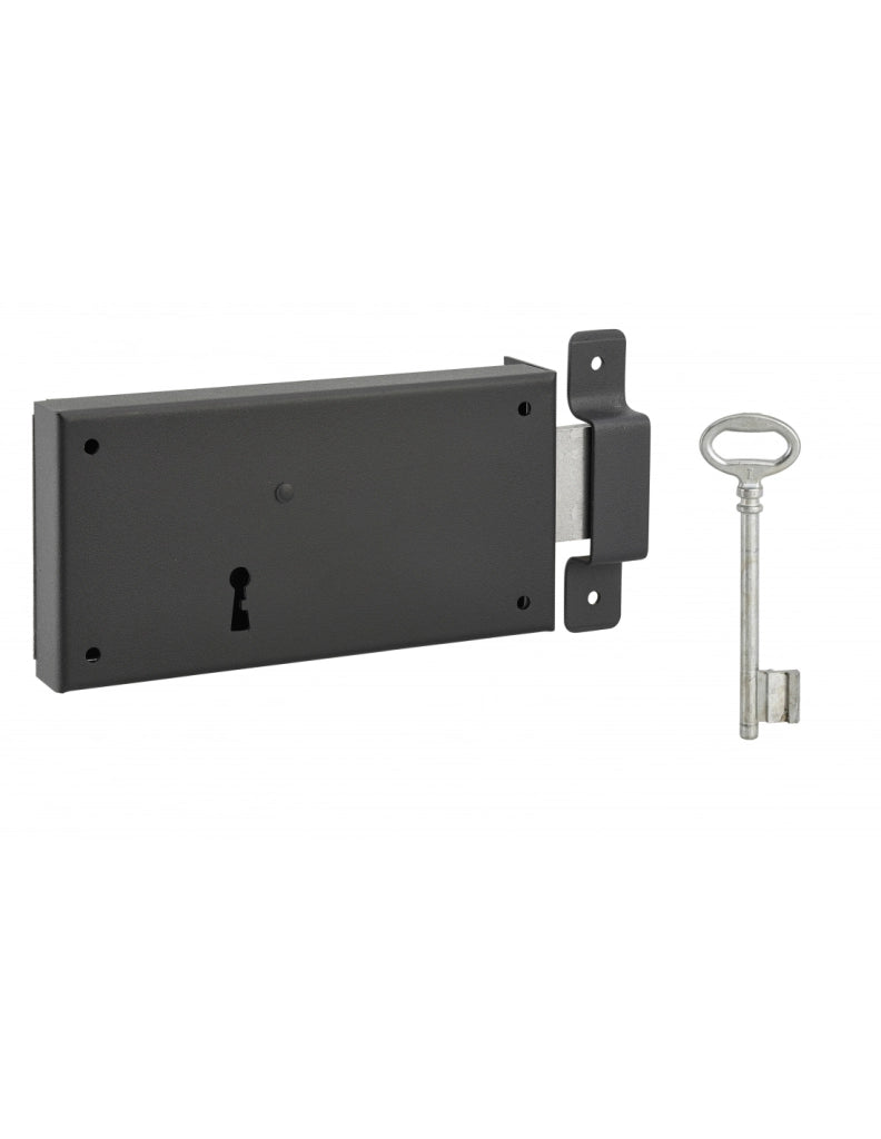Serratura orizzontale da applicare con chiave per porta di cantina, solo catenaccio, destra, asse 105mm, 160x80mm, nero, 1 chiave - THIRARD