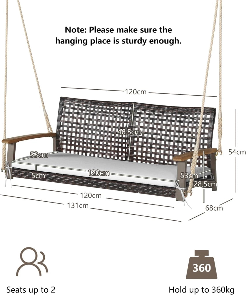 Panca Sospesa in Rattan per 2 Persone - Altalena da Giardino Con Ringhiera in Legno di Acacia - Fino a 360 kg (Cuscino Bianco Incluso)