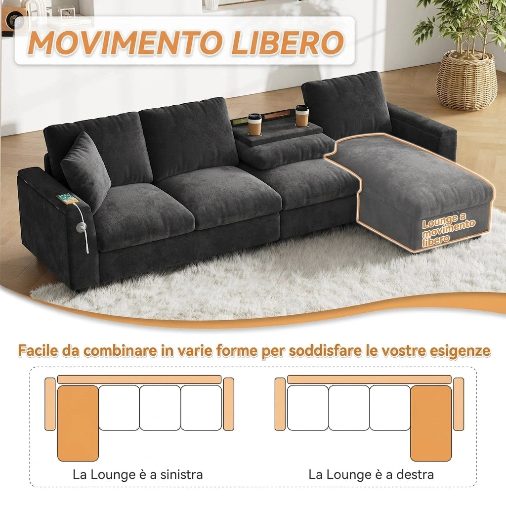 Divano angolare a L 4 posti in ciniglia grigio 280 cm con contenitore e tavolino a ribalta
