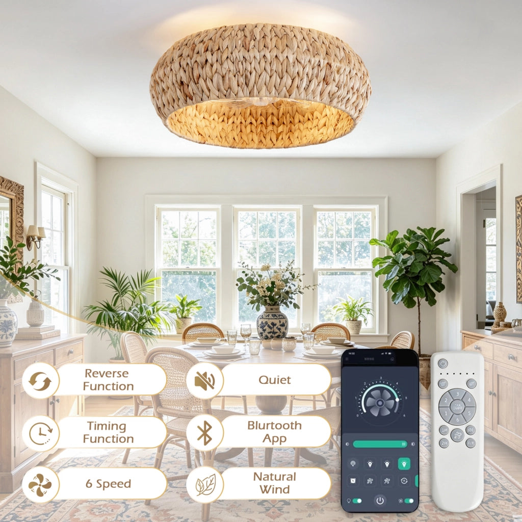 Plafoniera ventilatore da soffitto 19 pollici in rattan con controllo Bluetooth e telecomando; rame