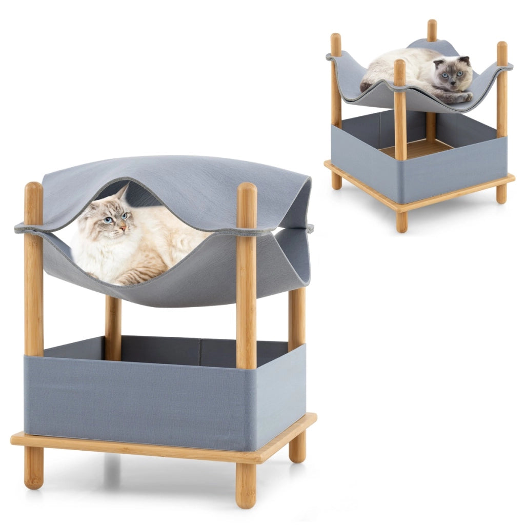 Casetta per gatti a 2 piani in legno e spazio di archiviazione-Casetta per gatti per gatti con condo semi-aperto Naturale + Grigio