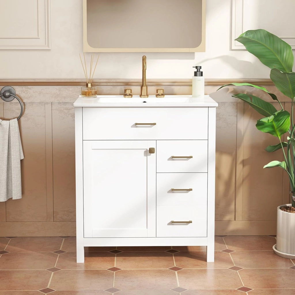Mobile Sottolavabo per Bagno, Mobiletto da Bagno con 2 Cassetti e 2 Ante, Mobile da Bagno a Terra con Lavandino in Ceramica, 76 x 46,5 x 86 cm, Bianco