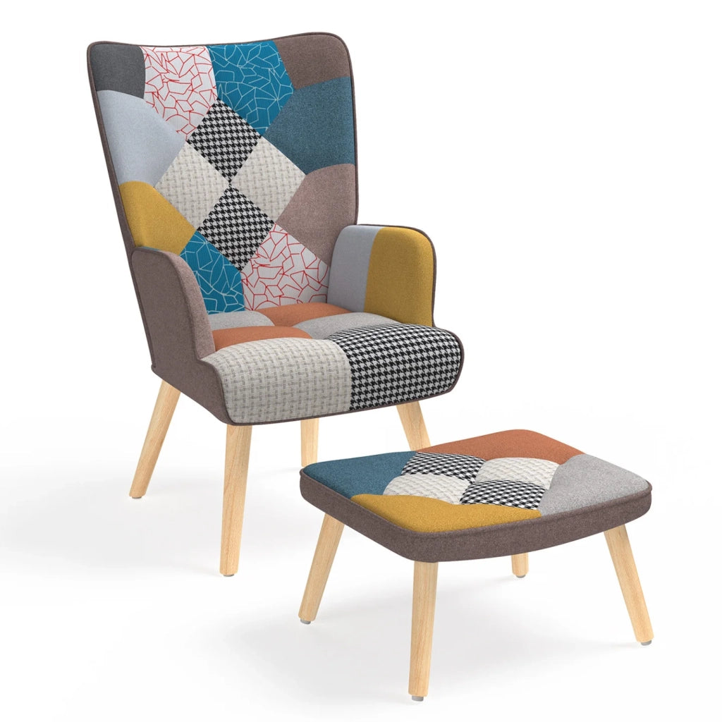 IDMarket - Poltrona scandinava IVAR con poggiapiedi in tessuto patchwork multicolore