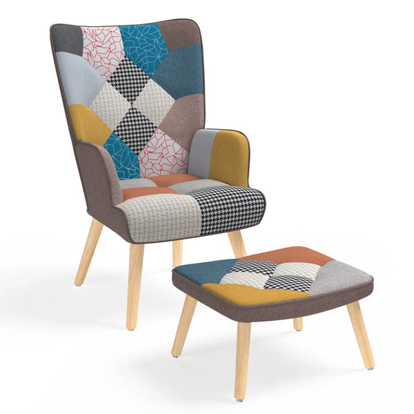 IDMarket - Poltrona scandinava IVAR con poggiapiedi in tessuto patchwork multicolore