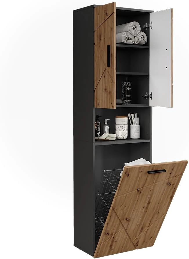 Mobili alti Irma, Antracite/Artisan, 50 x 172 cm con 3 porte, con cesto della biancheria integrato per la separazione dei tipi di bucato