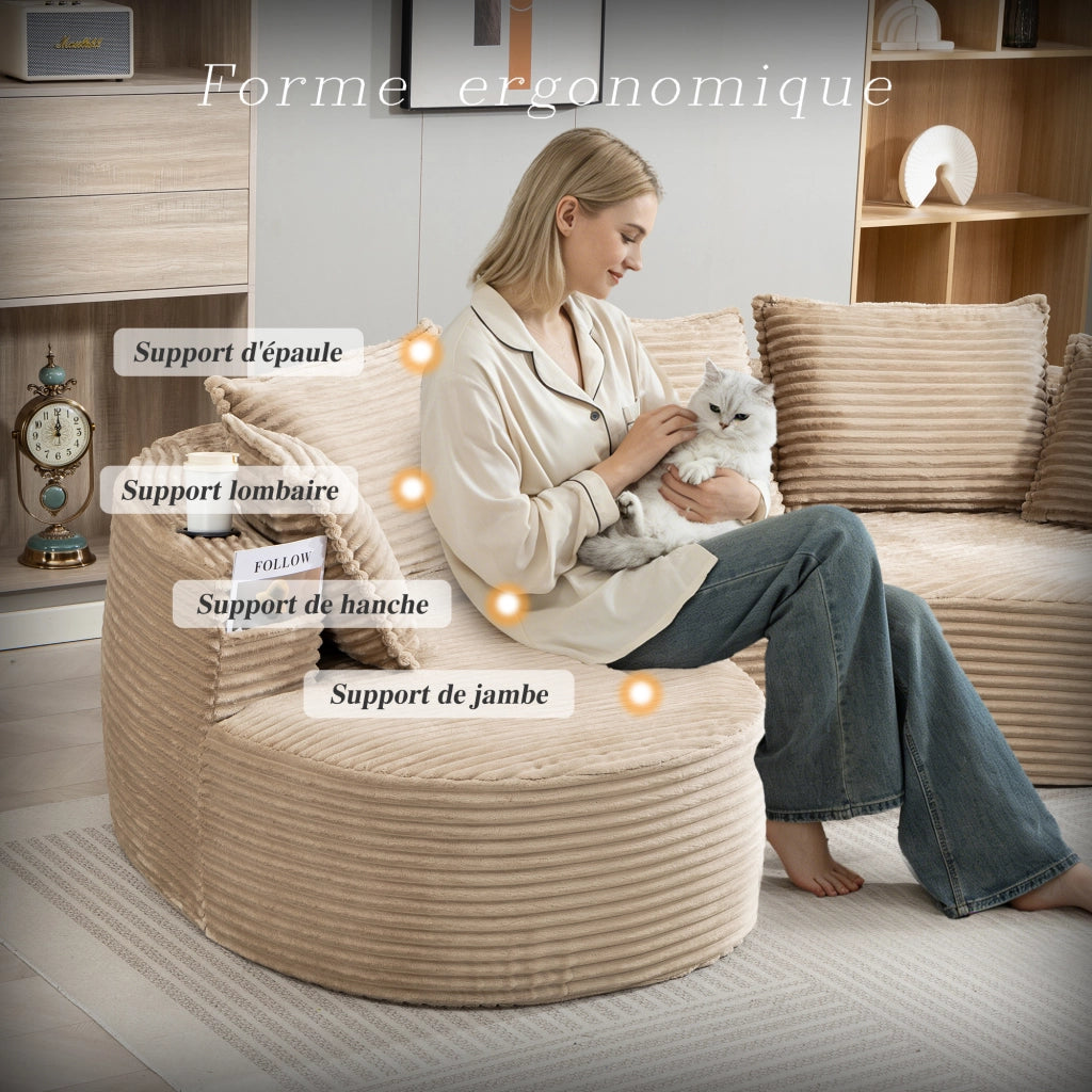 Divano diritto ad arco con portabicchieri e tasca laterale in velluto; khaki; 250 Ã— 152 Ã— 82 cm