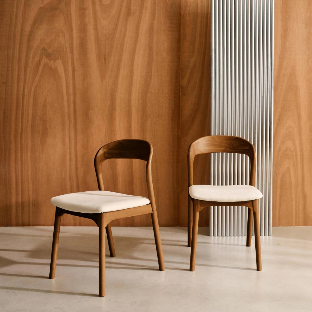 Set 2 sedie vintage in legno di hevea e tessuto, noce