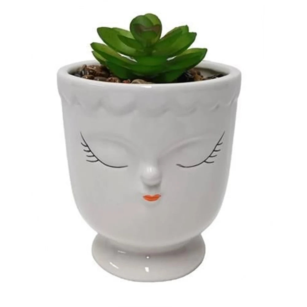 Trade Shop - Piantina Decorativa Grassa Artificiale Vaso Bianco Con Lineamenti Viso 9x9x13cm 607701 -