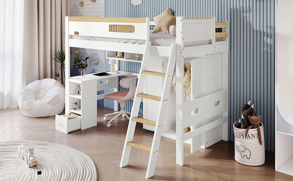 DESMIU Letto a castello Letto singolo 1 posto con scrivania, armadio e scaffali, 90 × 200 cm, senza materasso