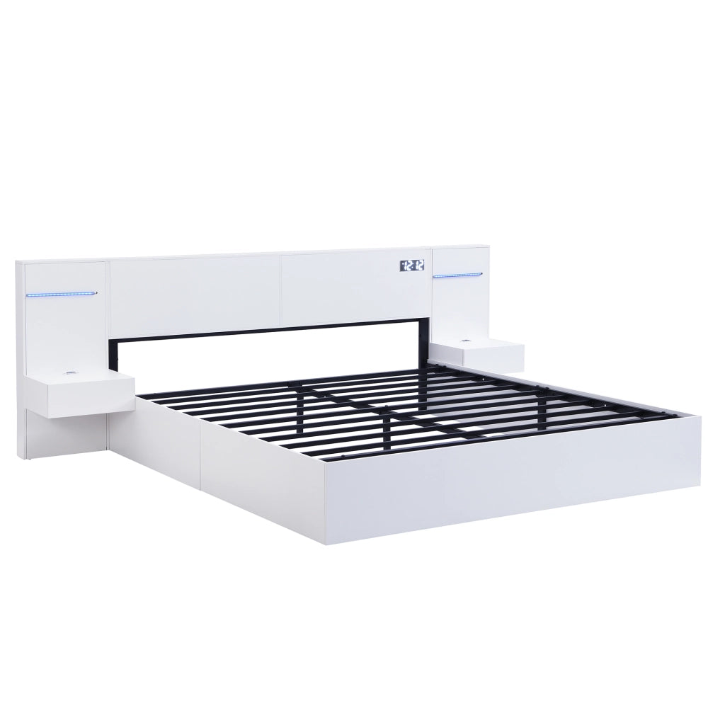 Letto matrimoniale 180x200 cm in MDF bianco con USB, Bluetooth, orologio digitale e luci LED