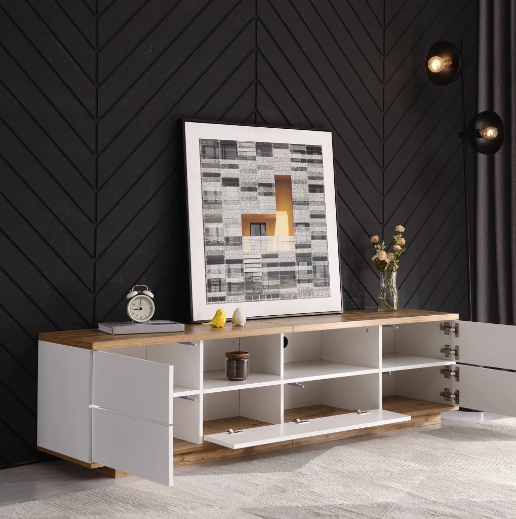 Mobile TV moderno 180 cm in MDF bianco e colore legno; con ante a griglia