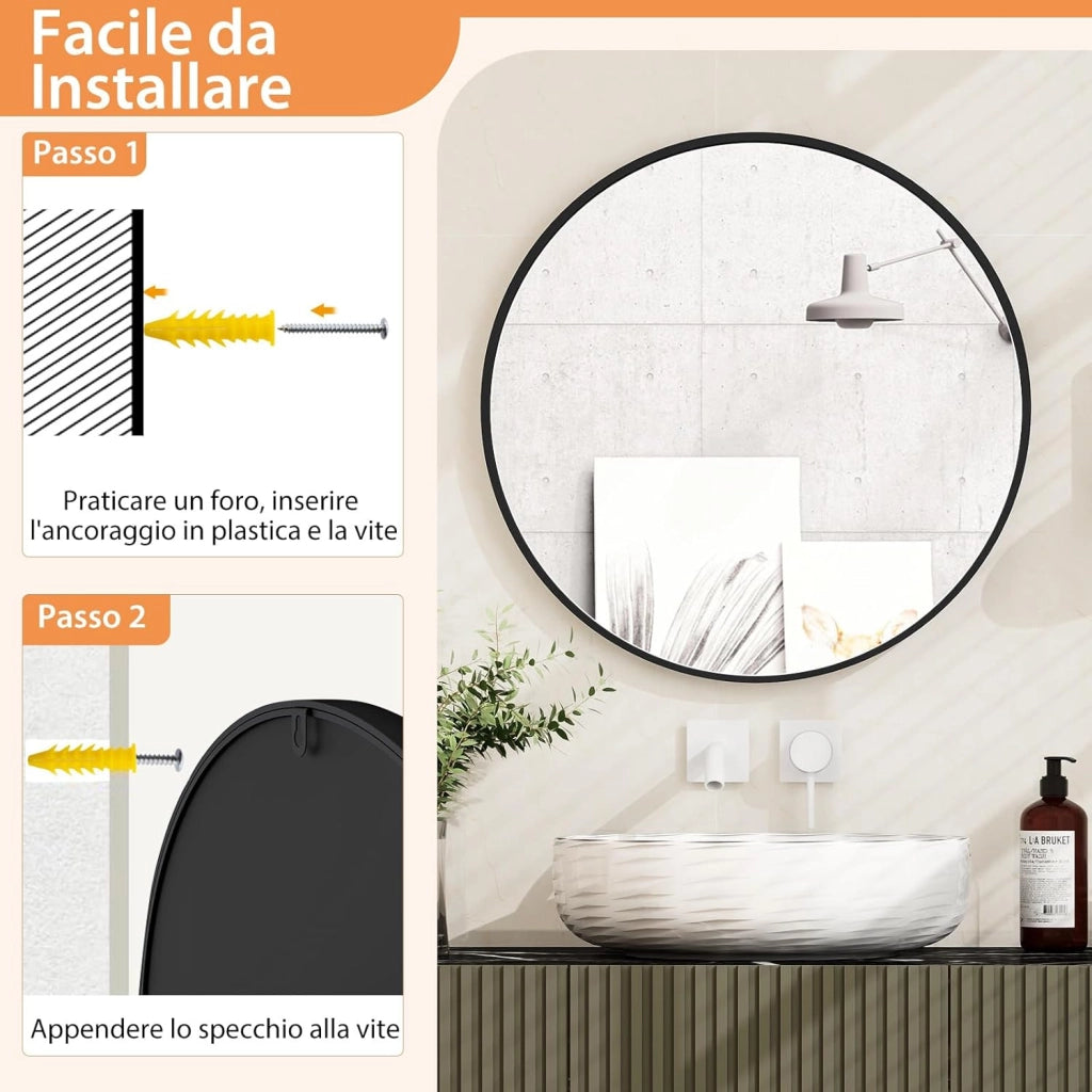 Specchio Rotondo 61 cm, Specchio da Parete con Cornice in Metallo Spazzolato Opaco Antiruggine, Specchio Moderno per Bagno Soggiorno Ingresso