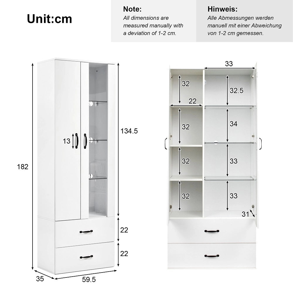 Armoire de rangement ??clair??e LED 16 couleurs - Xylo - 2 portes vitr??es 2 tiroirs - Blanc