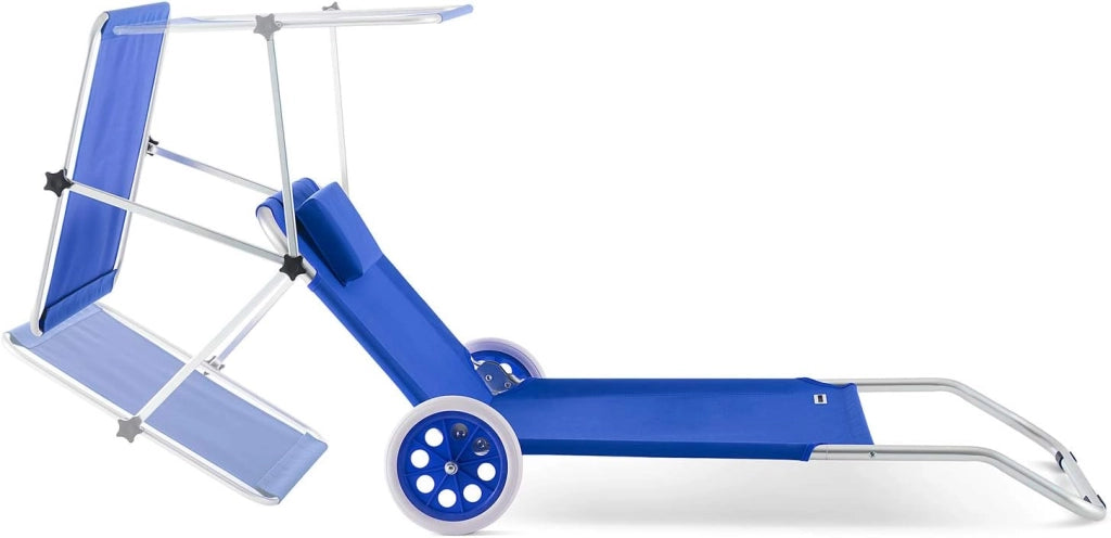 ® Lettino da Spiaggia Kreta Pieghevole Trasportabile 2 Ruote con Cuscino Tettuccio Parasole Sdraio Prendisole
