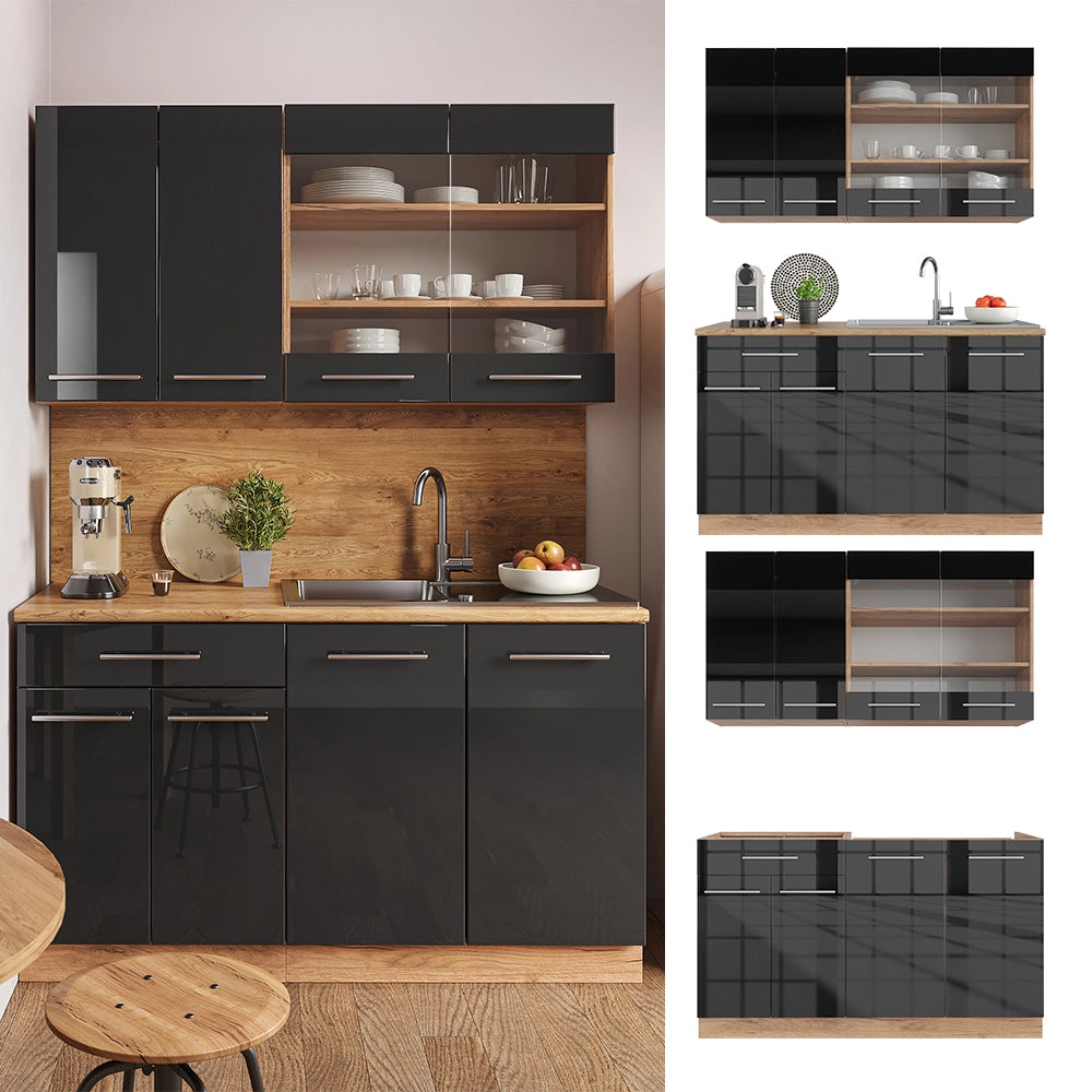 Vicco Cucina completa Antracite lucido/oro power oak 140 cm senza piano di lavoro