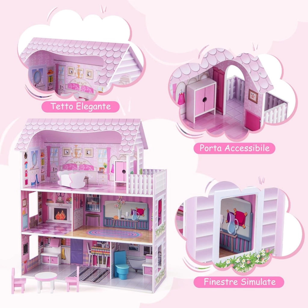 Casa delle Bambole in Legno per Bambina Giocattolo dei Bambini 3 Piani con Mobili e Accessori