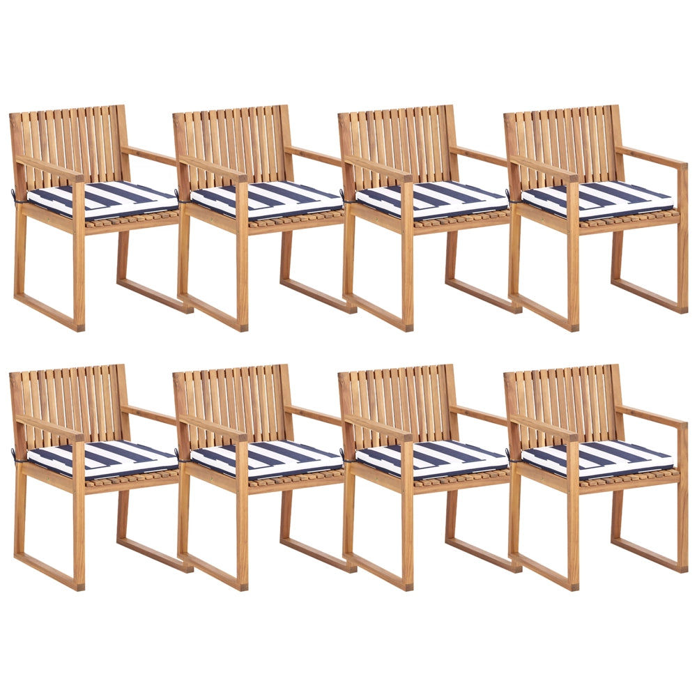 Set di 8 sedie da giardino in legno di acacia chiaro certificato con cuscini blu navy e bianchi resistenti all'acqua