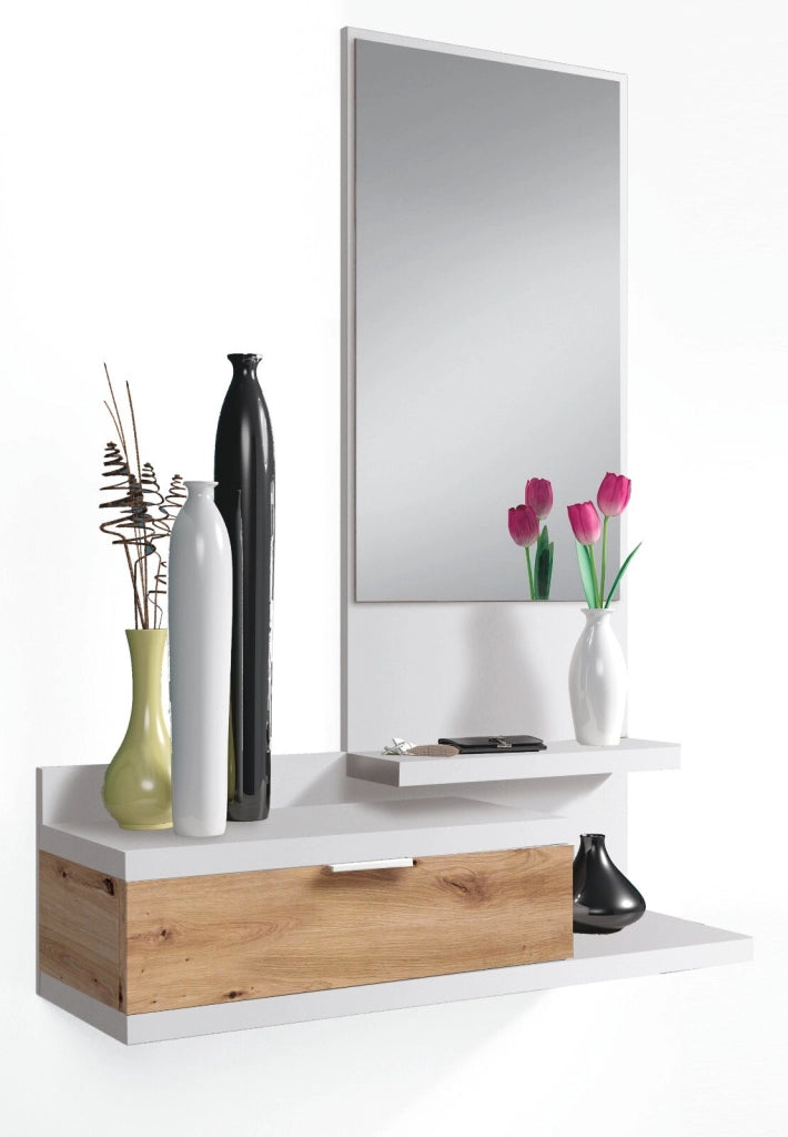 Mobile Ingresso Con Cassetto Specchio E Mensola Design Moderno Salvaspazio Ideale Per Ingresso Soggiorno Con Stile E Funzionalità 81 x 116 x 29 Cm Bianco E Rovere