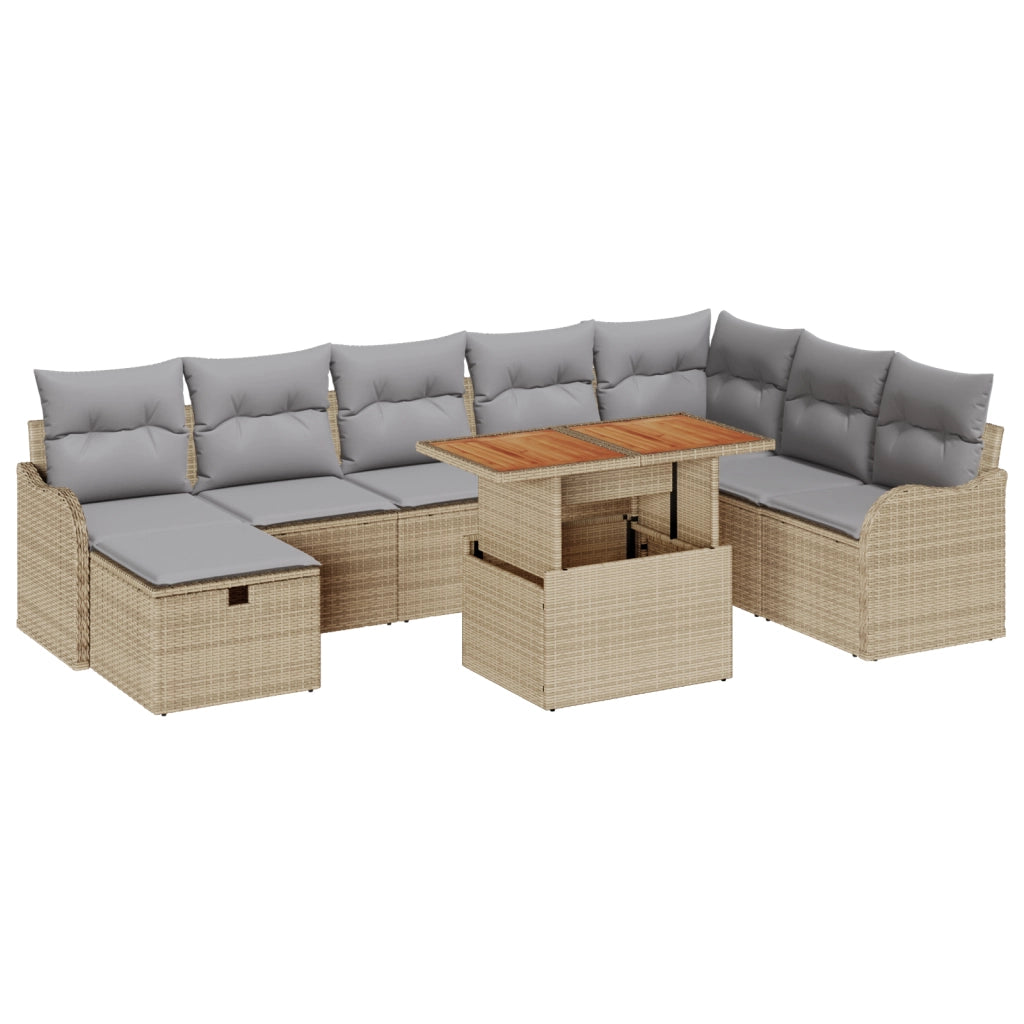 Set Divano da Giardino  9 Pezzi con Cuscini Beige Rattan Sintetico