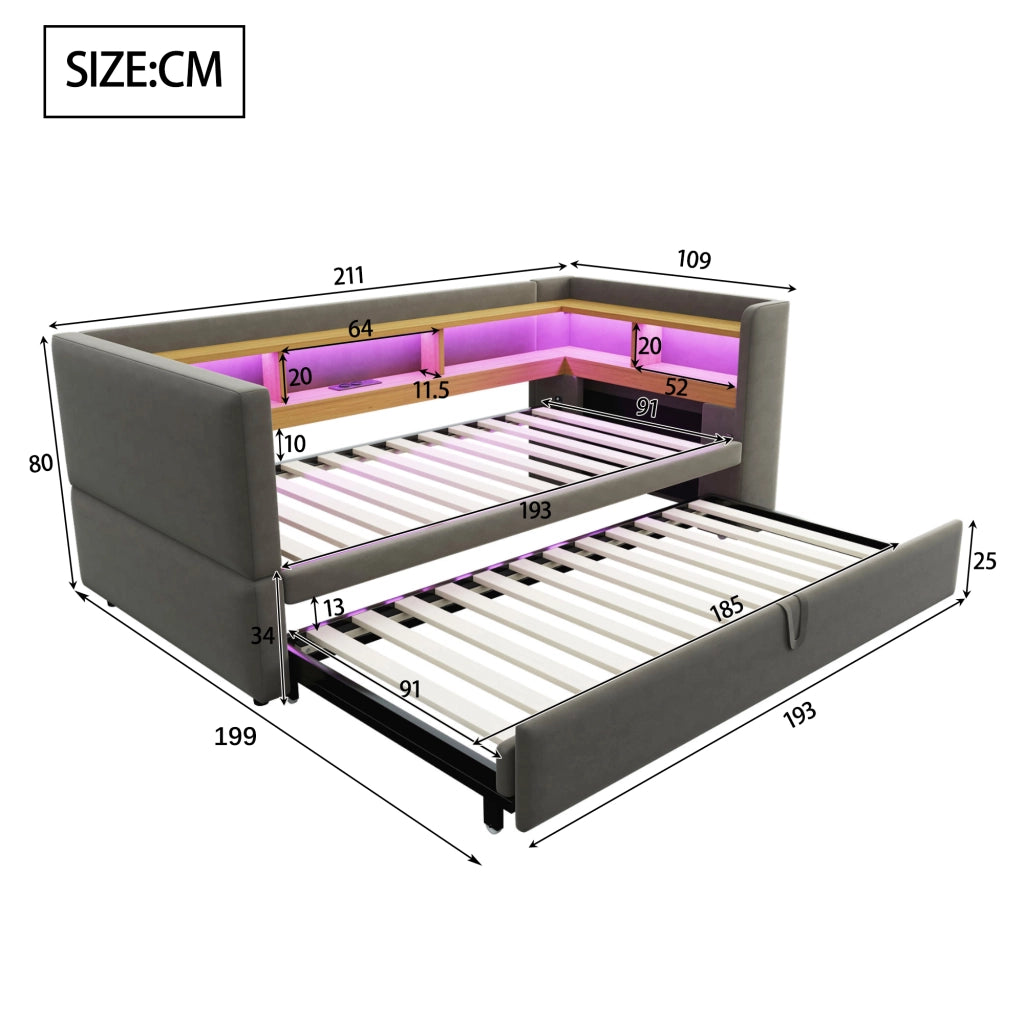 OKWISH Letto Divano 90×190 cm e 180×190 cm, Letto Singolo con LED Regolabile, Prese e Mensole, senza Materasso, in Flanella, Grigio Scuro