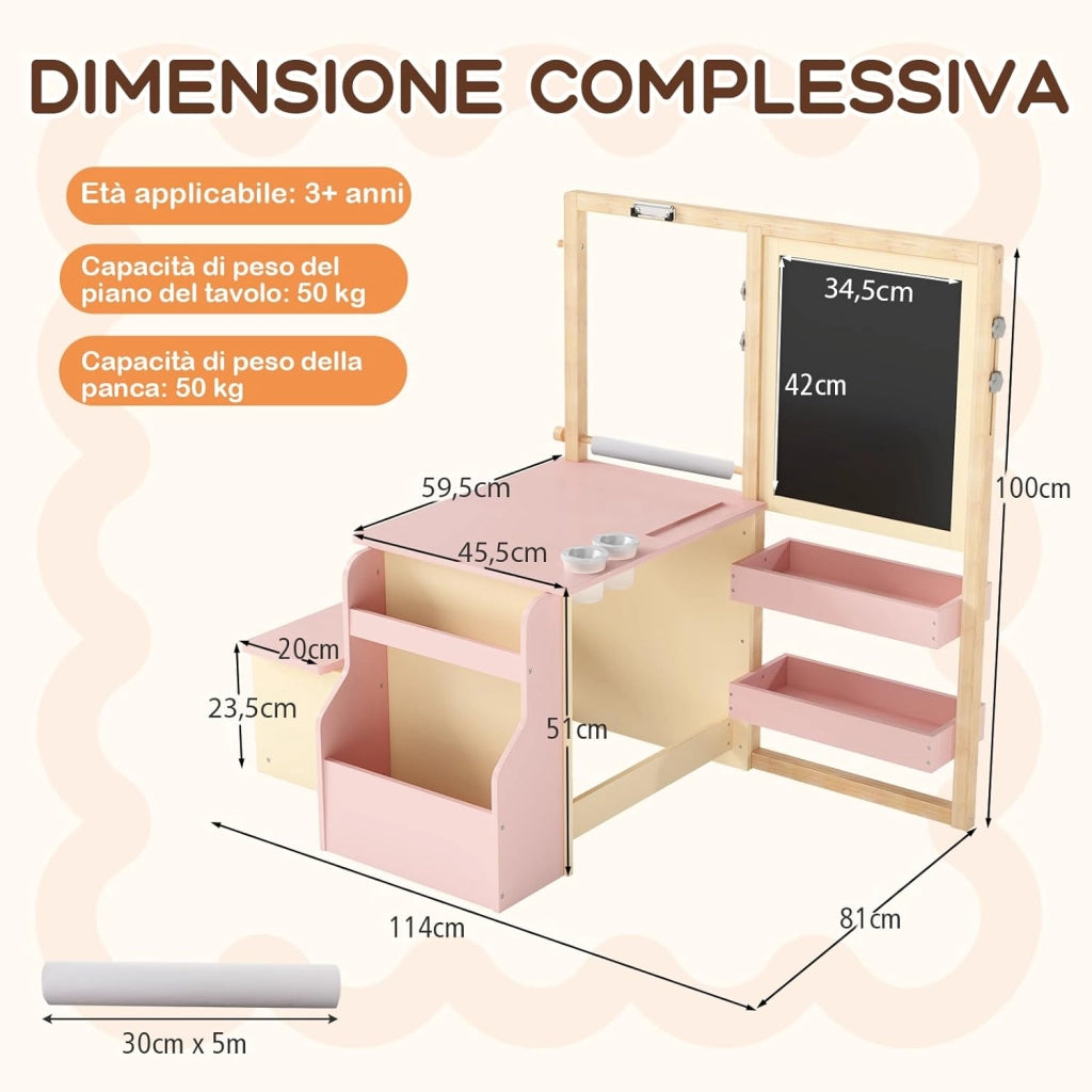 Set 3 in 1 Tavolo e Sedie per Bambini 3+ Anni, Tavolo in Legno Sicuro con Lavagna Cancellabile, Magnetica, Cavalletto Regolabile, Libreria e Accessori Artistici, per Disegno (Rosa)