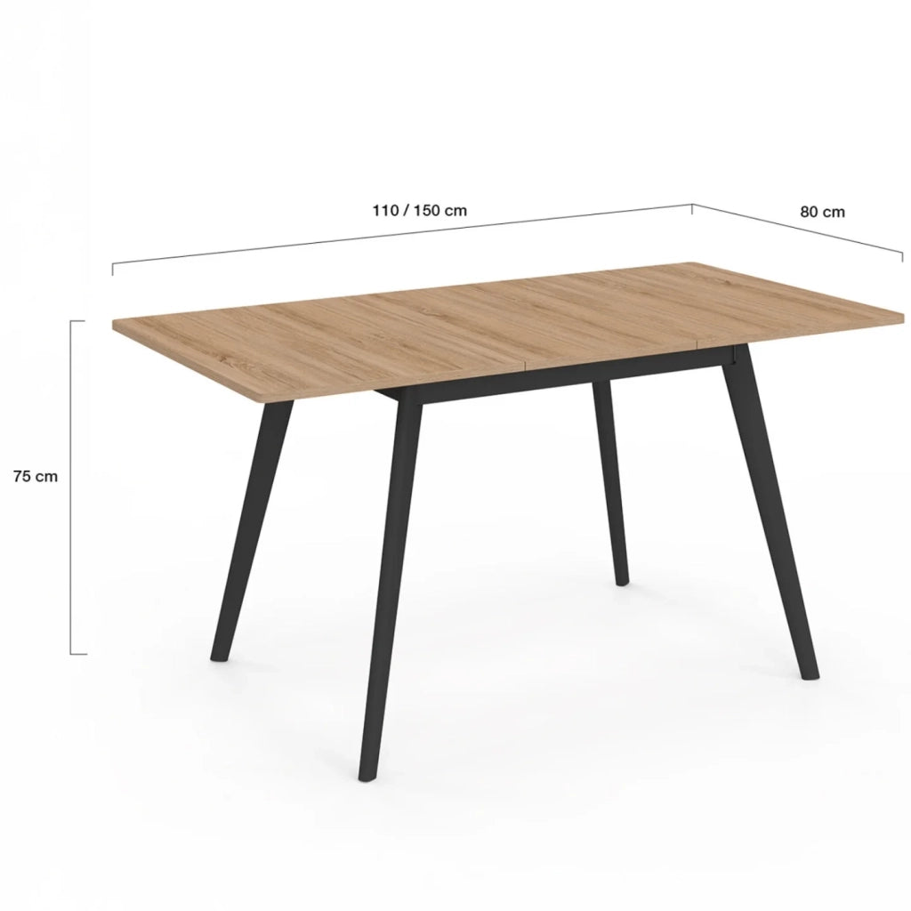 IDMarket - INGA Tavolo rettangolare allungabile scandinavo 4-8 persone piano in legno gambe nere 110-150 cm