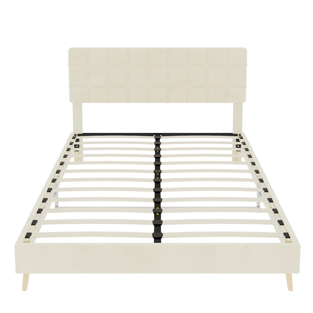Letto 140x200 cm con testiera imbottita a quadri in velluto beige