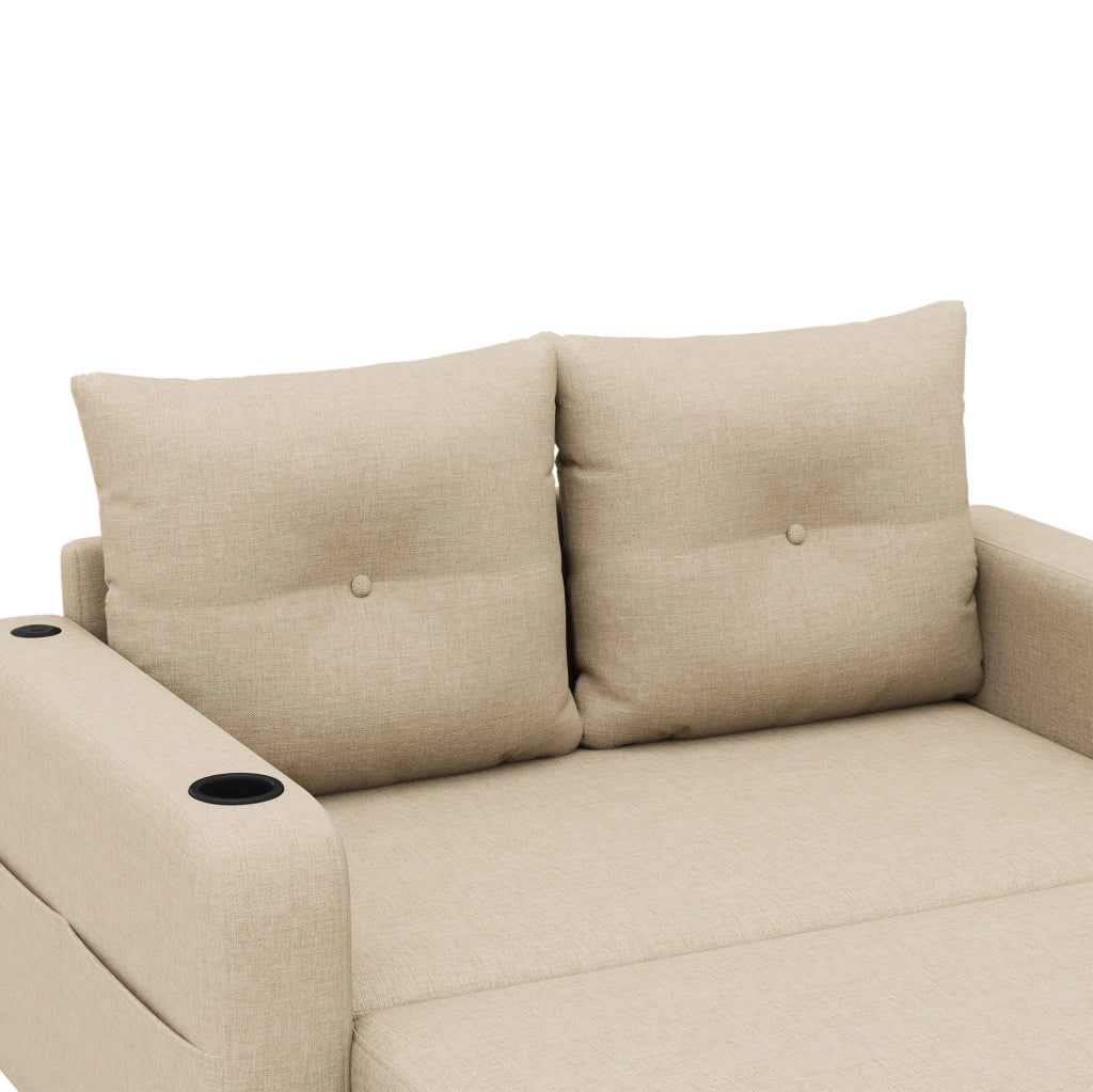 Divano letto 131x81x94 cm in tessuto misto cotone e lino beige con USB， portabicchieri