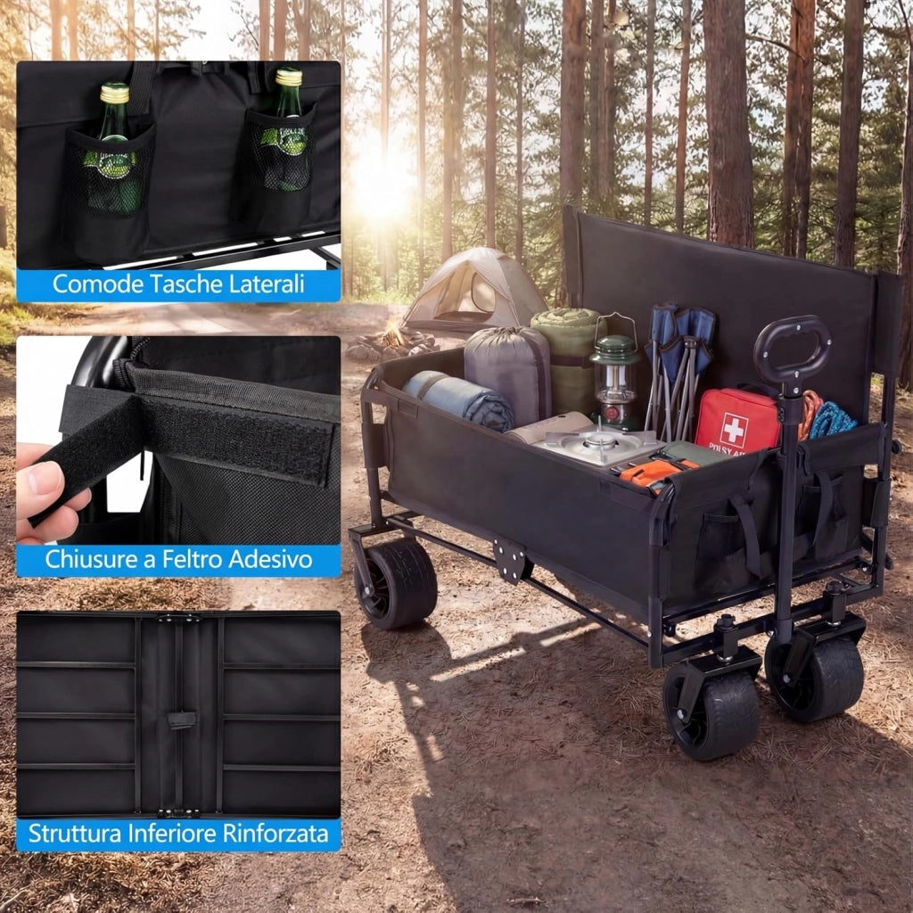 2 in 1 Carrello Pieghevole con Panca, Carrello Trasportabile con Maniglia Regolabile, Cuscini Morbidi e Ruote, Carrello da Giardino in 600D Oxford, 80 kg, 85 L, per Campeggio e Spiaggia (Nero)