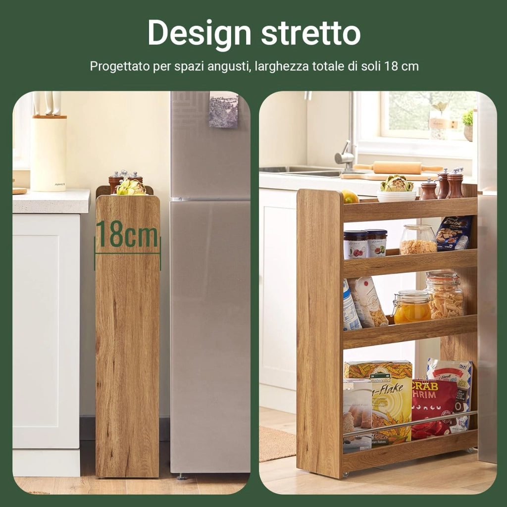 Carrello Slim per Cucina e Bagno con 4 Ruote Scaffale Salvaspazio a 4 Ripiani con Aste Antiscivolo Unità di Stoccaggio per Cucina, Bagno, Forniture per Bellezza o Artigianato 60x18x82cm NSR01-PF
