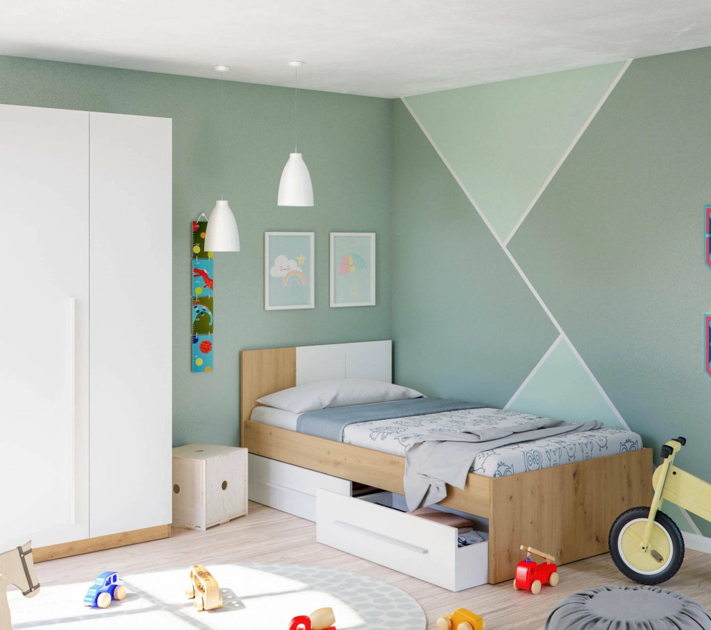 Letto singolo Azalia, Letto singolo contenitore con testiera, Struttura per letto con 2 cassettoni per camera da letto, cm 196x97h41, Rovere nodi e Bianco