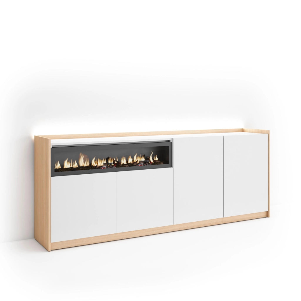 Credenza, Mobile, Cucina, 207x80x37 cm, 4 Porte, Camino elettrico, LED, Bianco e Rovere soft