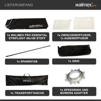 Essential Striplight Softbox 40x180cm, ruotabile a 360°, facile da montare, con griglia, adattatore Bowens e borsa per il trasporto, ideale per la fotografia di prodotti e persone