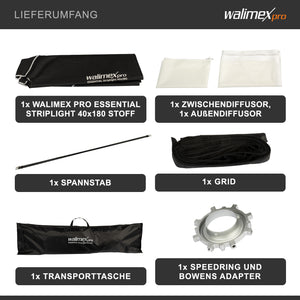 Essential Striplight Softbox 40x180cm, ruotabile a 360°, facile da montare, con griglia, adattatore Bowens e borsa per il trasporto, ideale per la fotografia di prodotti e persone
