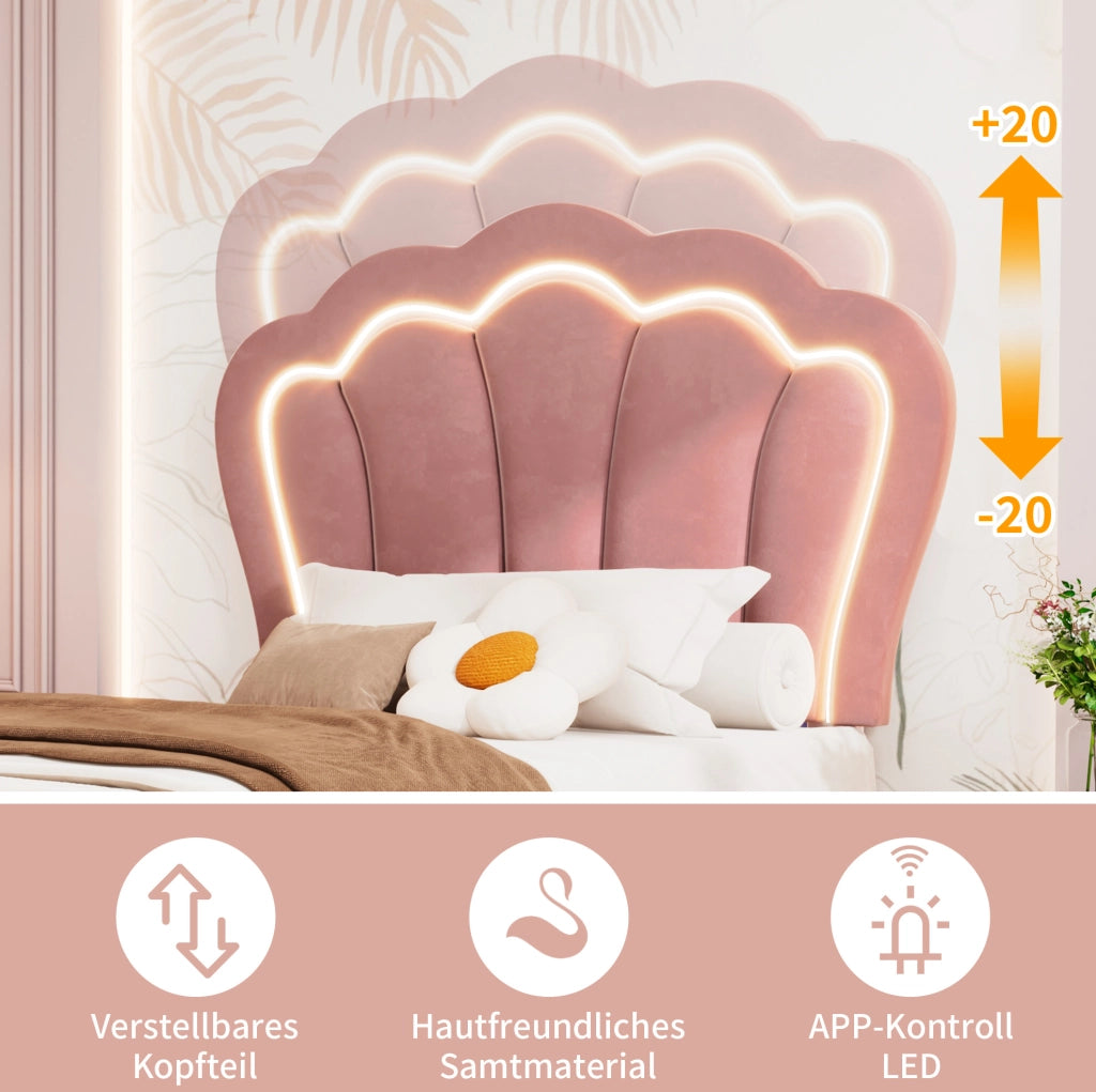 Letto singolo 90x190 cm in velluto rosa con testiera regolabile; LED RGB e cassetto
