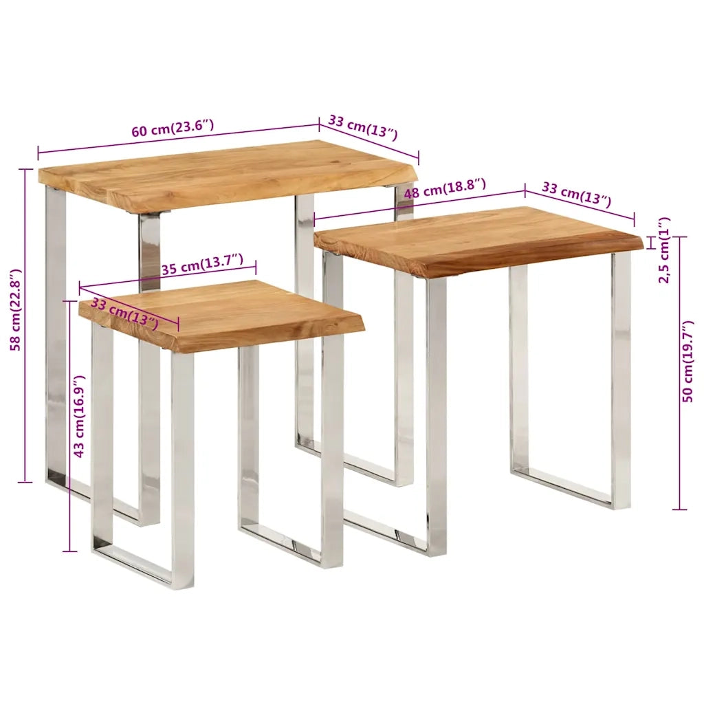 Tavolini a Incastro 3 pz Bordi Vivi in Legno Massello di Acacia 372761