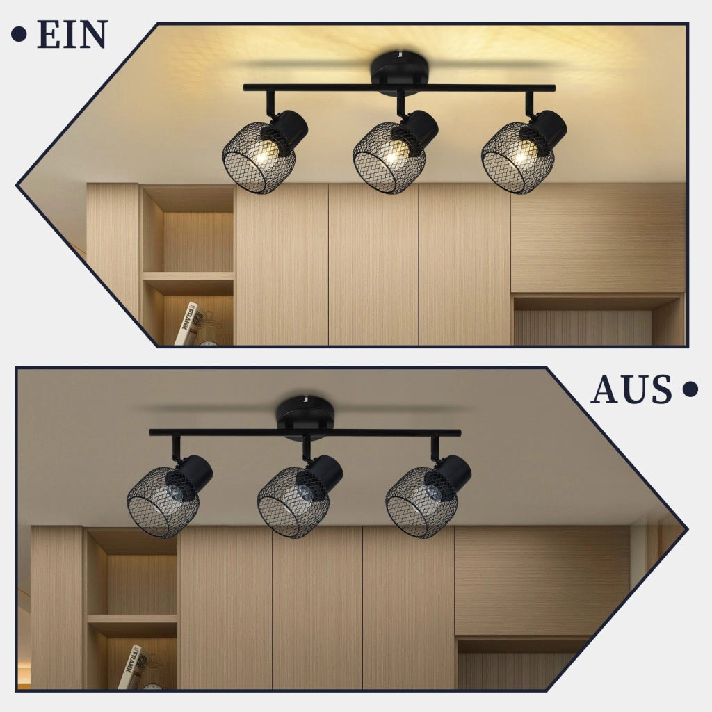 ZMH Lampada da soffitto 3 faretti orientabili E27 metallo nero stile retrò 25W per soggiorno corridoio cucina cameretta