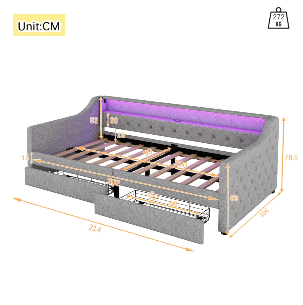 Divano letto 90x200 cm con LED, USB e 2 cassetti grigio