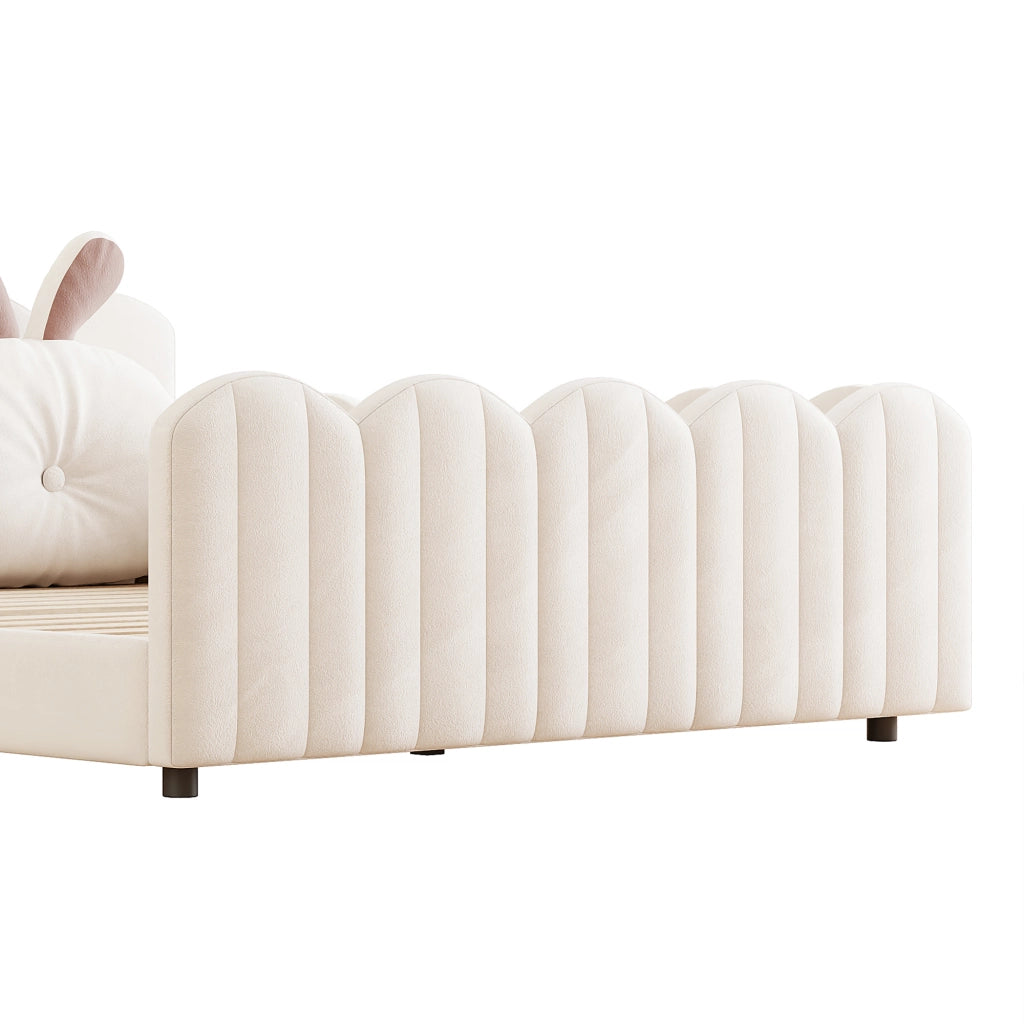 Letto imbottito 140 × 200 cm con sponde di protezione e cuscino a orecchie di coniglio beige