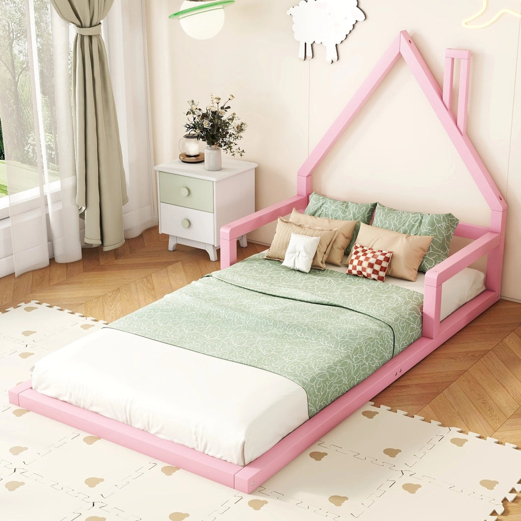 Letto a forma di casa per bambini rosa in legno massello di pino 90x200 cm