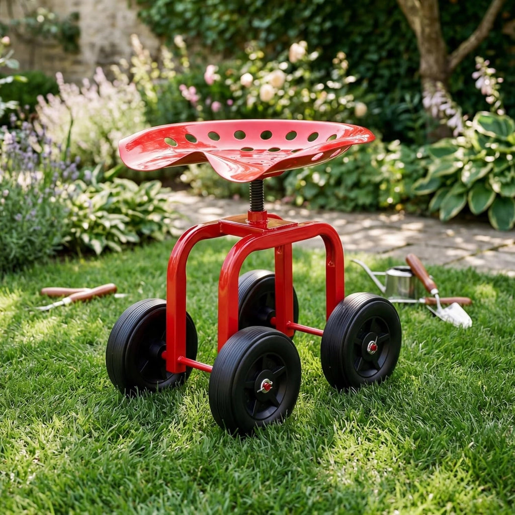 Sgabello con Ruote per Giardinaggio, Sedile con Ruote Regolabile in Altezza e Portatile, Seggiolino da Giardino, Prato e Cortile, Portata 150kg (Rosso)
