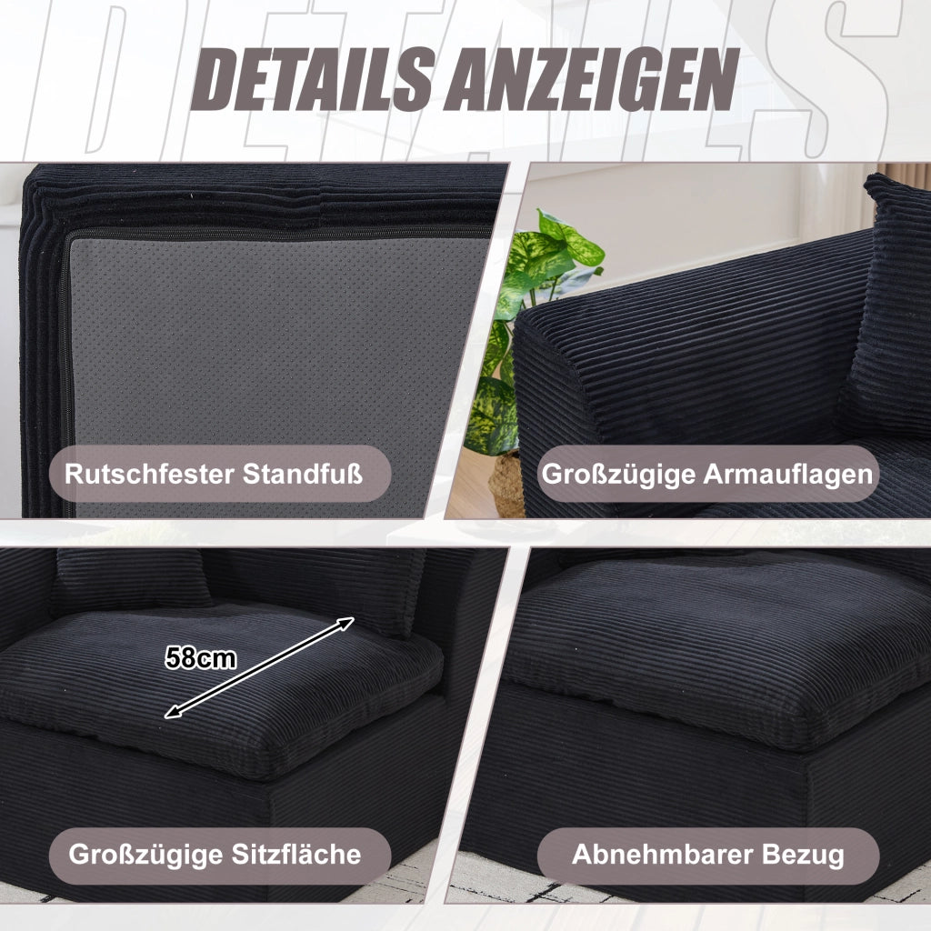 OKWISH Poltrona in Velluto a Coste, Seduta Imbottita con Cuscino Schienale, Design Minimalista, Nero