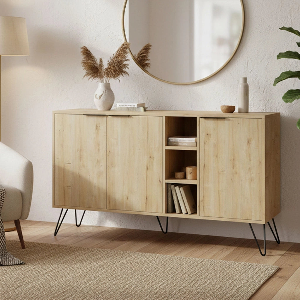 Credenza Alin, Buffet da soggiorno, Madia da salotto, Dispensa da cucina, 142x36h83 cm, Quercia