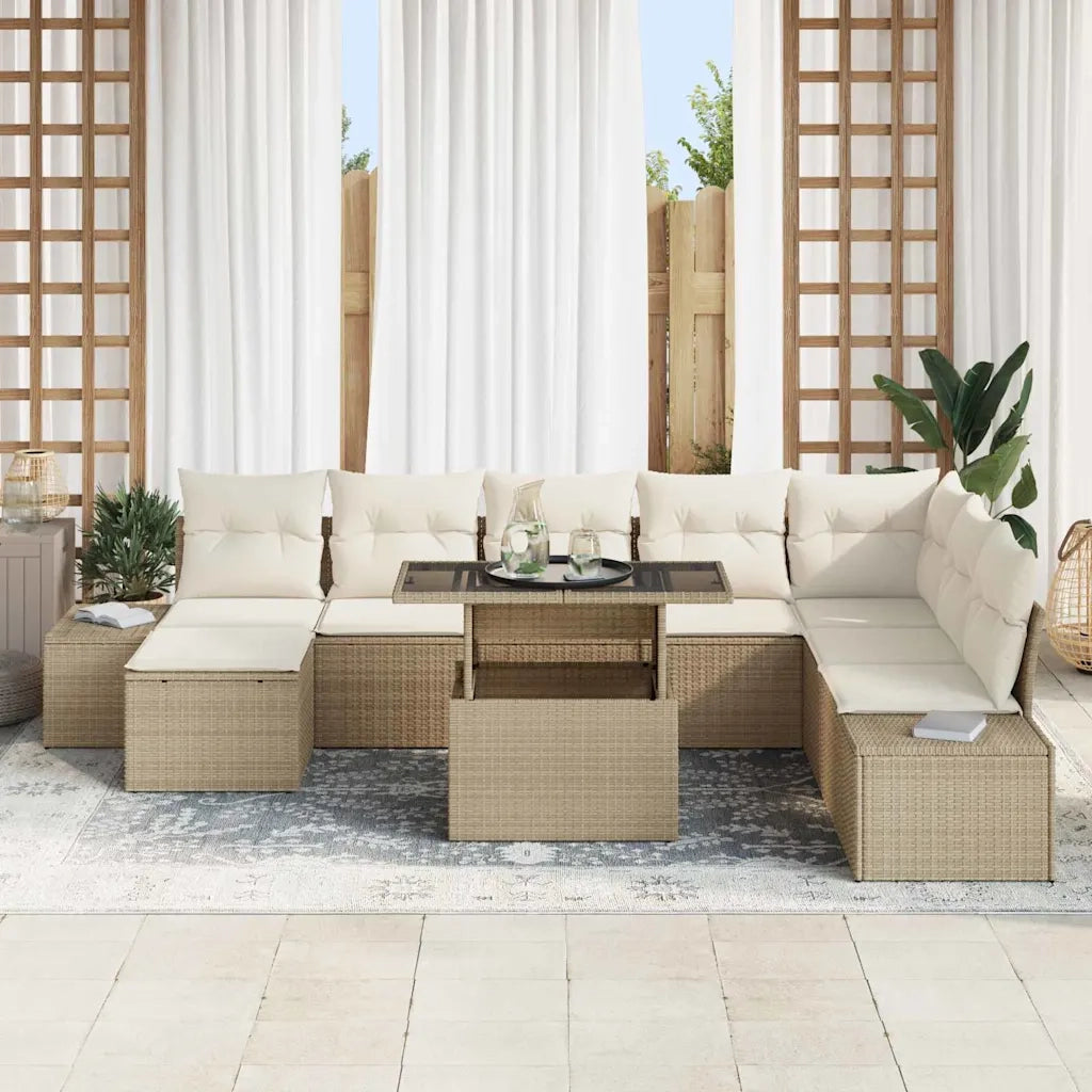 Set Divano da Giardino 9 pcs Beige e Crema polyrattan