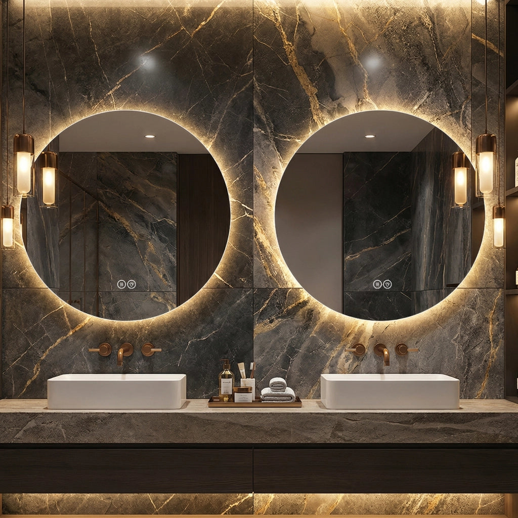 Specchio bagno LED rotondo con luce frontale e retroilluminazione, antiappannamento, 3 tonalità, dimmer e memoria