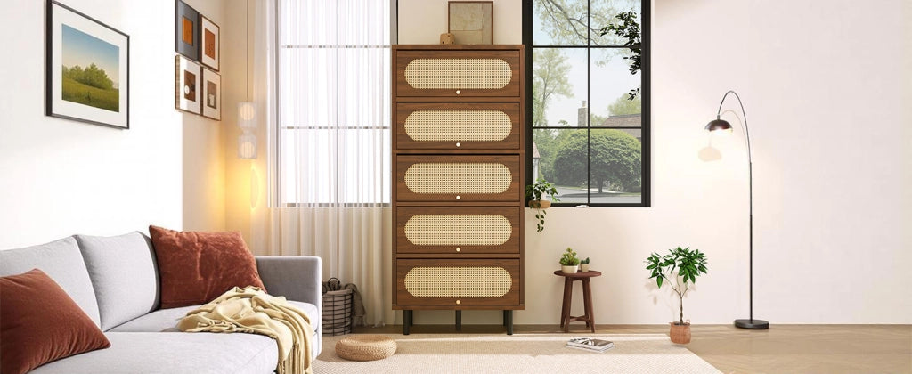 Credenza alta in noce con rattan, 5 ante ribaltabili e vani contenitore, per soggiorno e cucina, 80 × 40 × 163 cm