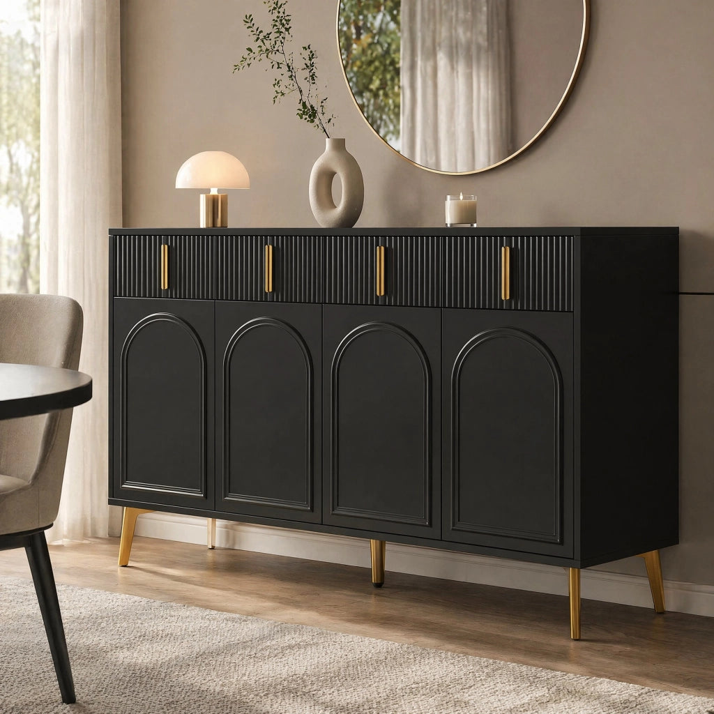 Credenza sideboard nera con 4 ante e 4 cassetti; ripiani regolabili; 140x38x82 cm; in MDF