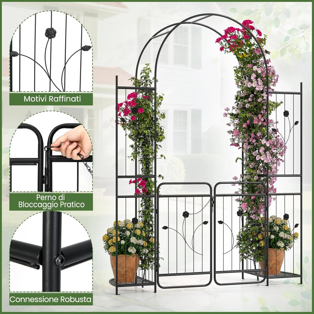 Arco da Giardino 220 cm, Pergolato con Cancello, Ripiani per Piante, Graticci per Rampicanti, Arco in Metallo per Piante Rampicanti da Esterno, Decorazione per Matrimoni e Cerimonie