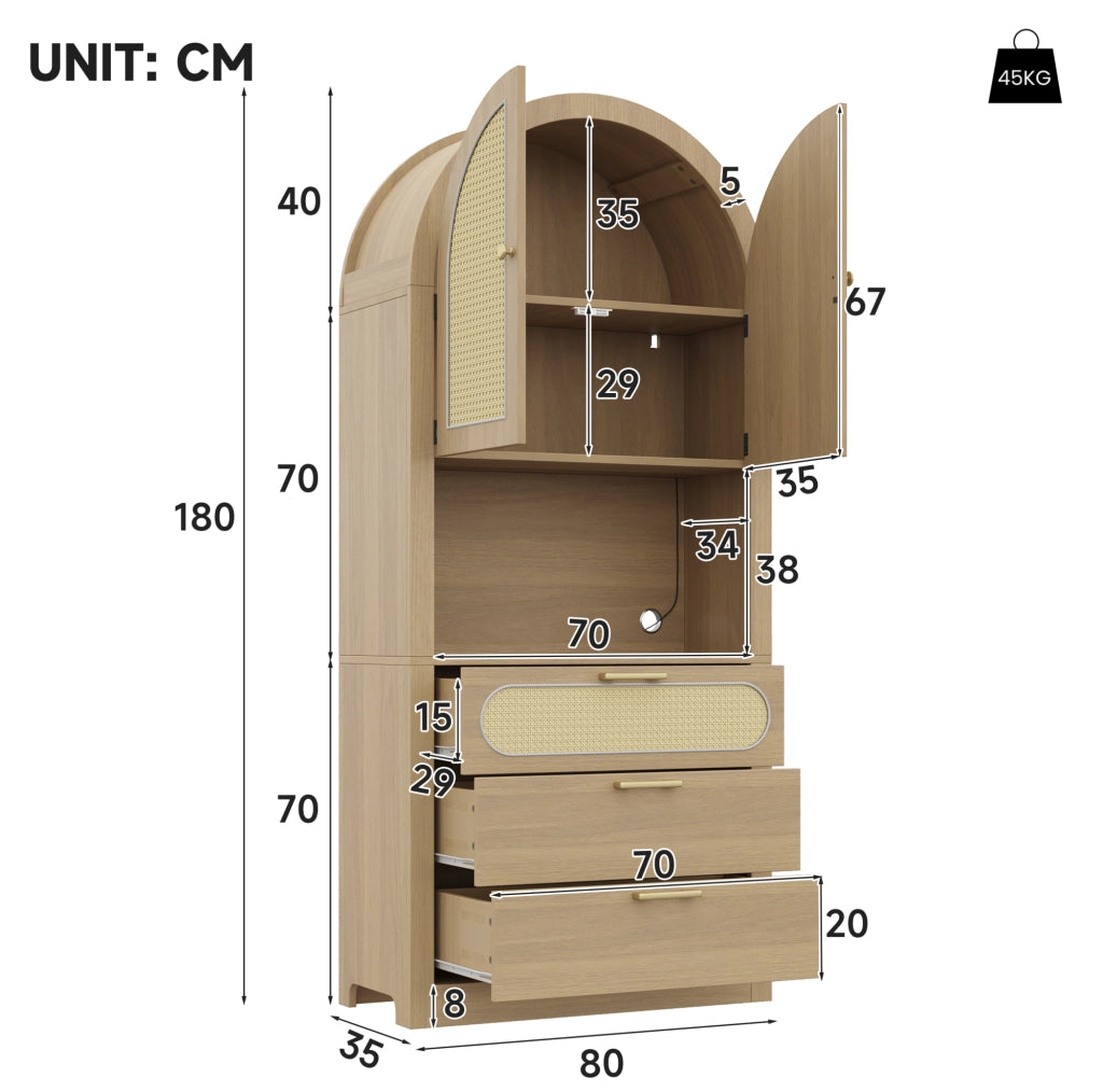 Credenza 80x35x180 cm con LED regolabile e ante in rattan; MDF e truciolare; bianco e naturale