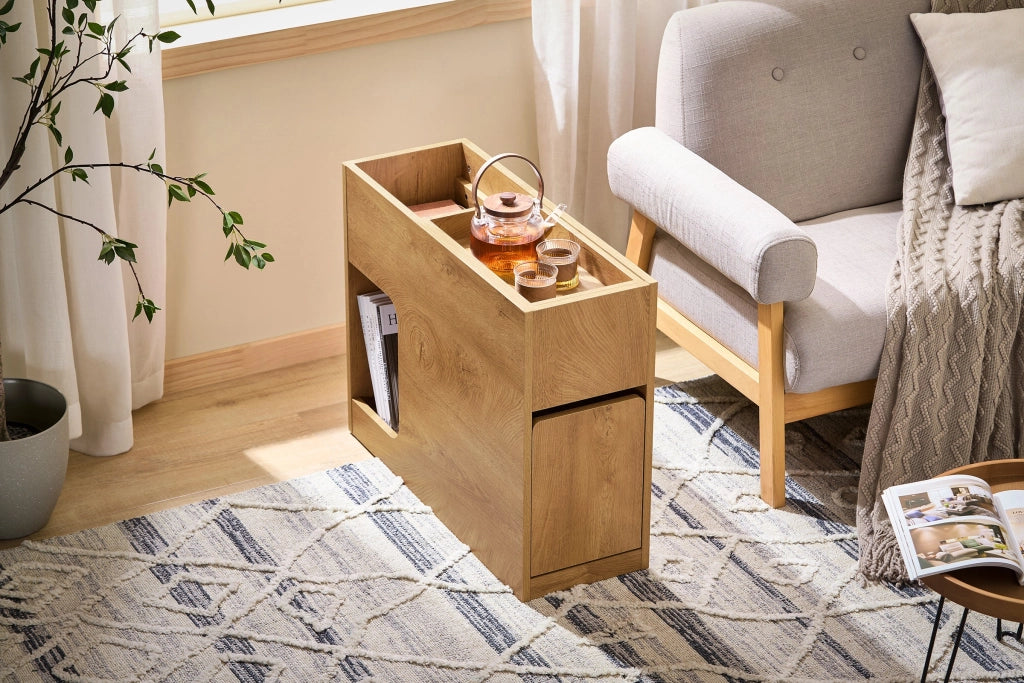 SoBuy Comodino con cassetto e vassoio Tavolino divano Tavolino stretto da soggiorno Naturale 25x70x55 cm cm FBT158-N